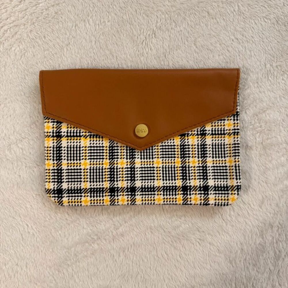 yellow plaid leather mini makeup cosmetics bag